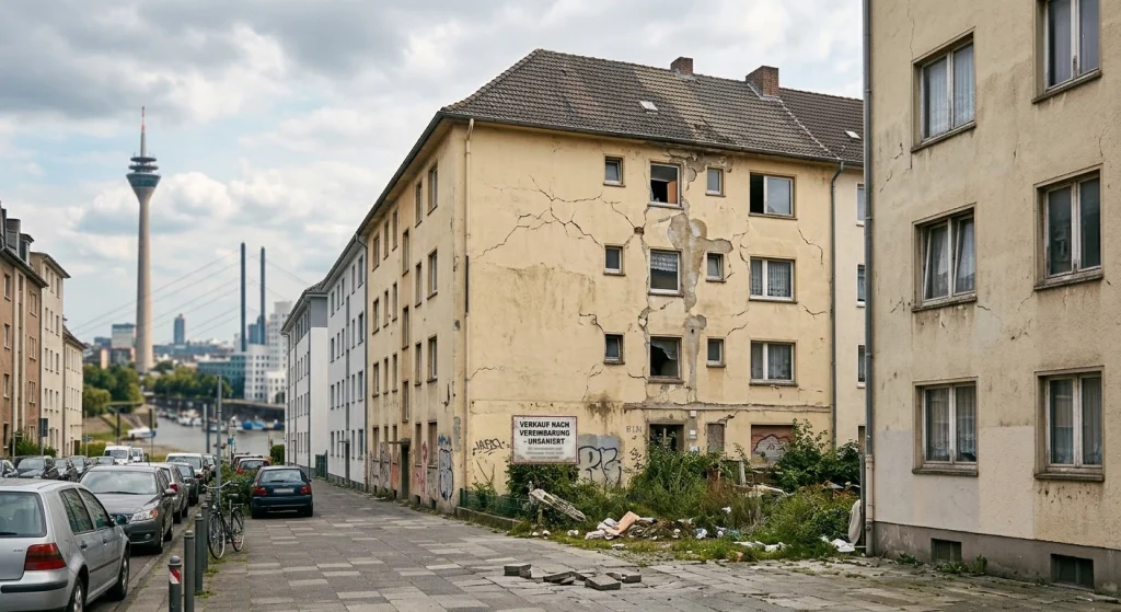 Ein stark sanierungsbedürftiges Mehrfamilienhaus mit rissiger Fassade, kaputten Fenstern und verwildertem Vorgarten in Düsseldorf. Ein Schild am Gebäude weist auf einen Verkauf im unsanierten Zustand hin, während im Hintergrund der Rheinturm zu sehen ist.
