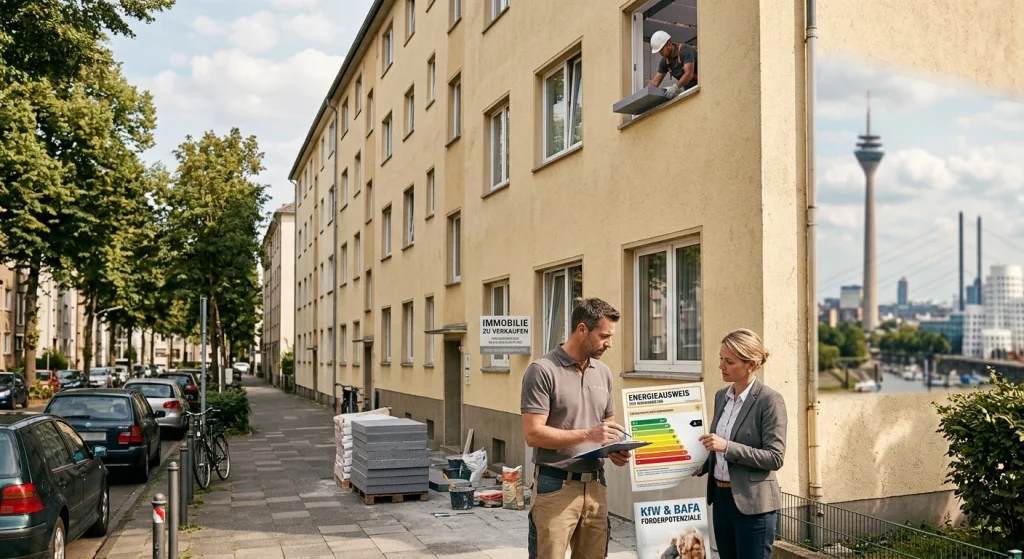 Ein Immobilienberater und eine Eigentümerin im Gespräch vor einem Düsseldorfer Mehrfamilienhaus, an dem ein Schild 'Immobilie zu verkaufen' hängt. Die Frau hält anschaulich einen Energieausweis sowie eine Übersicht zu KfW- und BAFA-Förderpotenzialen in der Hand. Auf dem Gehweg liegen Dämmplatten, ein Handwerker arbeitet am Fenster, und im Hintergrund rechts ist der Rheinturm zu sehen.